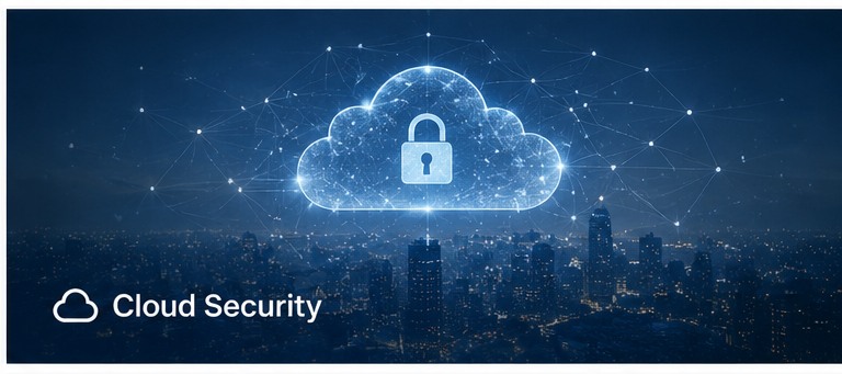 Illustration Cloud Security - cadenas dans un nuage numerique sur une ville