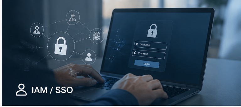 Illustration IAM et SSO - authentification et gestion des identites sur un ordinateur portable