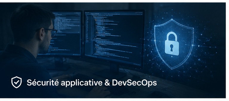 Illustration Securite applicative et DevSecOps - developpeur devant du code avec bouclier de securite